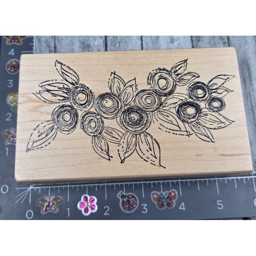 Magenta Flowers Leaves Branch Patch Rubber Stamp Wood #C27